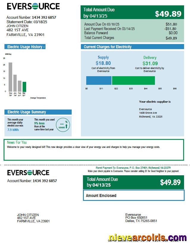 USA Eversource utility bill, version 2